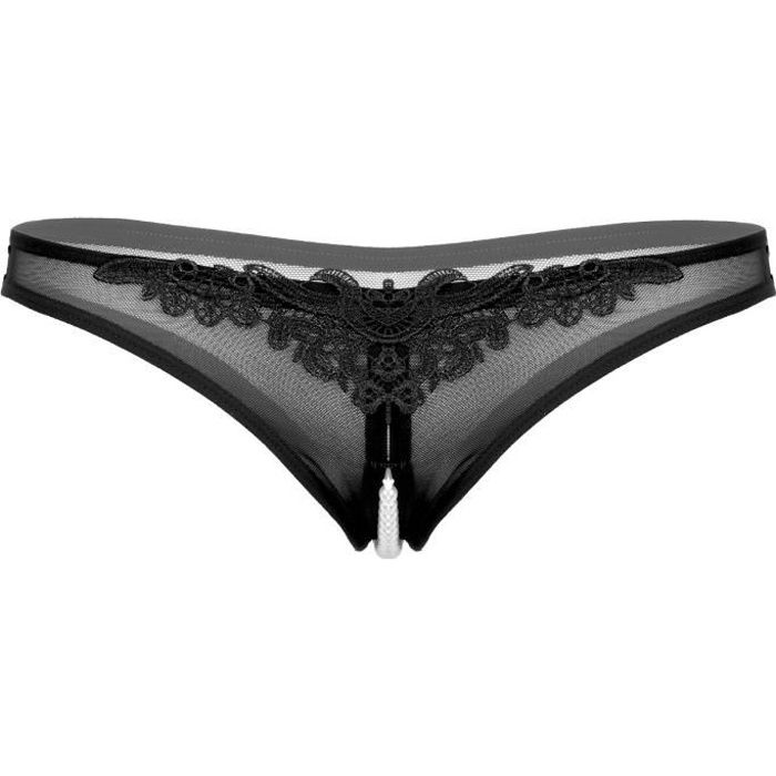 YIZYIF Femme String Sexy Ouvert Entrejambe Perle Tanga Dentelle G-string Slip Mesh Underwear Noir