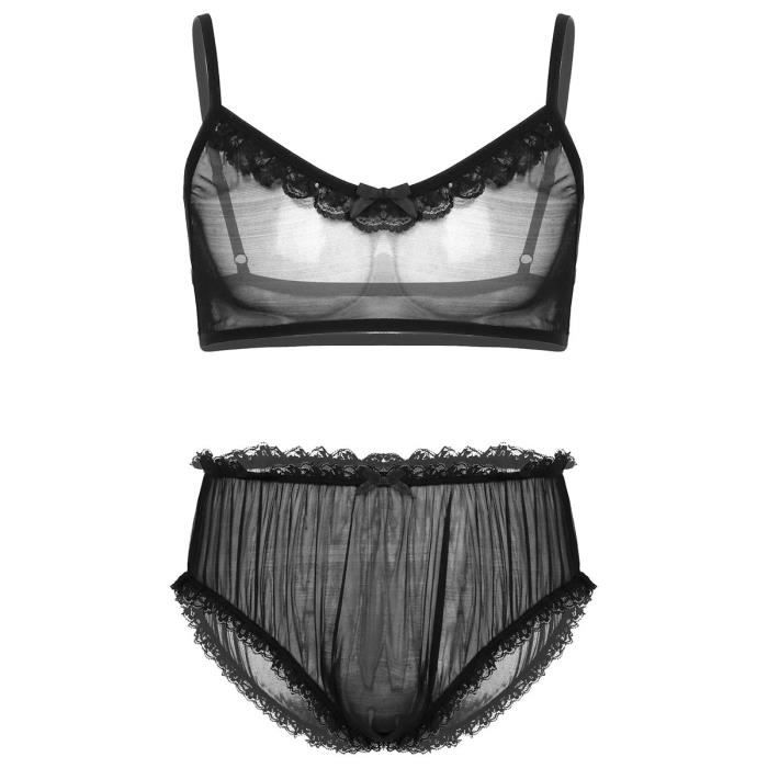 iixpin Ensemble Lingerie Sissy Homme Sexy Sous-vêtement Dentelle Nuisette Transparente M-XXL Noir
