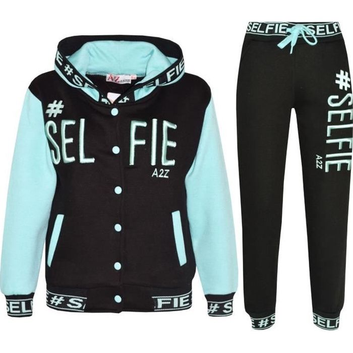 Enfants Filles Survêtement Selfie Brodé empiècements contrastés À Capuche haut et Bas Jogging Costume 5-13 Ans