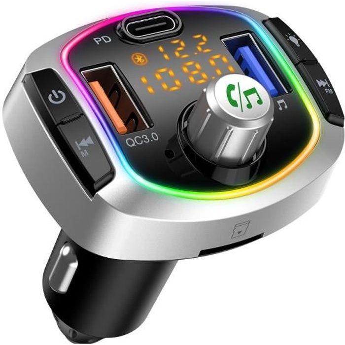 Transmetteur FM Bluetooth, Kit Main Libre Voiture Bluetooth avec Chargeur Allume Cigare USB QC3.0 + Type-C, Soutien Carte TF/Clé USB