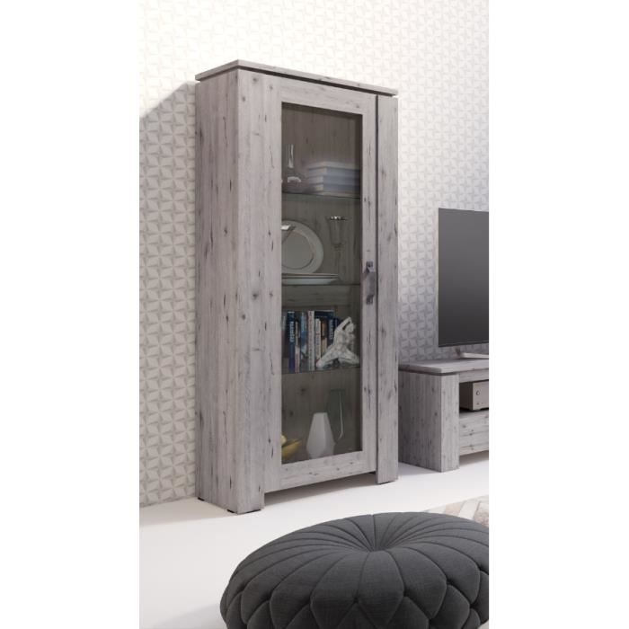 Vitrine petite modèle IRON une porte vitrée. Coloris chêne naturel Wellington. Style vintage et moderne. 44 Marron