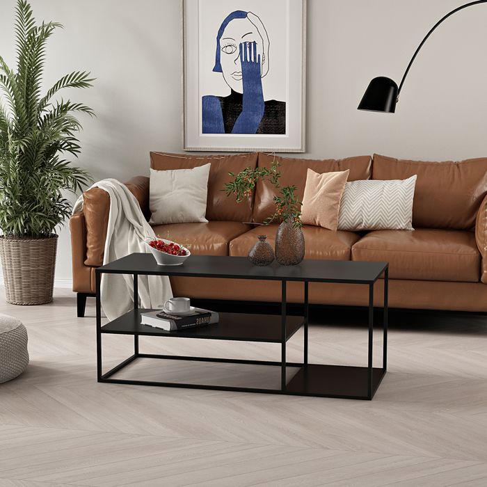 Table basse Solund avec 2 étagères acier 120 x 50 x 50 cm noir mat