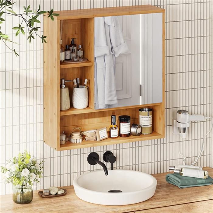 Armoire Murale Salle De Bain Avec Miroir Arqué - 68x13x66 Cm - MDF Blanc - Étagères Réglables - Gain De Place