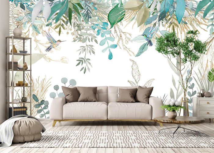 Papier Peint Panoramique Soie 3D Plantes Tropicales Feuilles Fond de ...