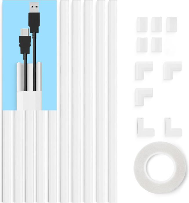 Goulotte Cache-câble Auto-adhésive - 4 Mètres, Demi-ronde, Blanc, Ouverture Latérale, Pour TV, Bureau, Mur