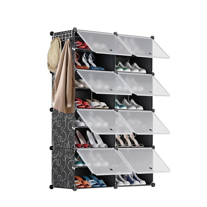 NOIR Meuble à chaussures Modulable de 32 paires avec 8 cubes et portes Etagère de chaussures à 2 colonnes et 8 niveaux