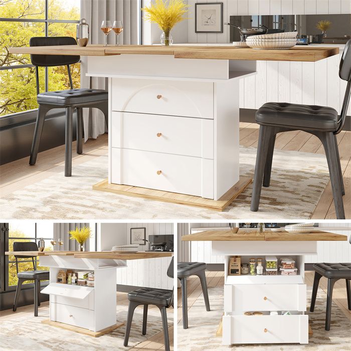 Table à Manger Pliante Extensible 80-140 Cm Avec Rangement Et Roulettes - Multifonction Pour Cuisine/Salle à Manger, Blanc + Or, Idéal Petits Espaces