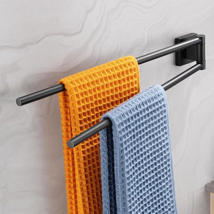 Porte-serviettes pivotant à 2 bras - PZCC - Double bras - Acier inoxydable 304 - Noir mat - Antirouille et résistant aux rayures