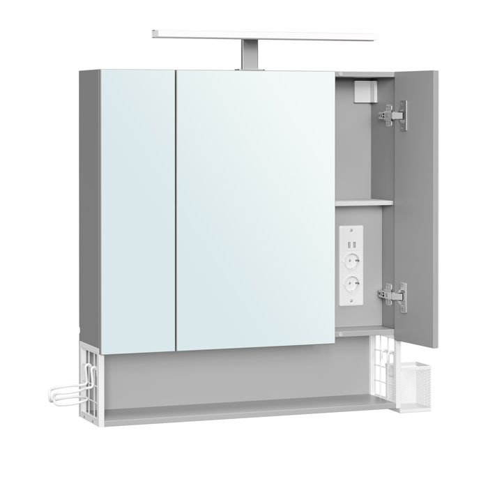 Armoire murale - 3 portes - Miroir - Multiprise - Panier suspendu - Support sèche-cheveux - Gris Armoire murale - 3 portes - Miroir - Multiprise - Panier suspendu - Support sèche-cheveux - Gris