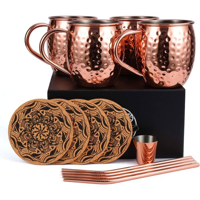 Lot De 6 Mugs En Cuivre Turc Fait Main - Pichet Style Moscou Mule, Plateau Inclus