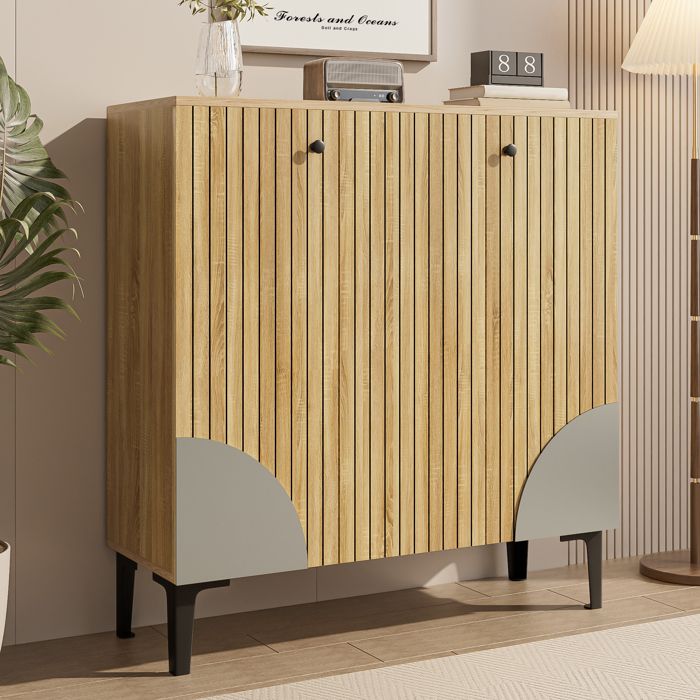 Meuble à chaussures moderne - MODERNLUXE - 90x32x94 cm - 3 portes - Étagères à plusieurs niveaux - Aspect bois - Naturel