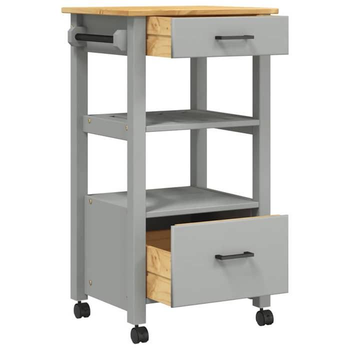 Chariot de cuisine en bois massif - WIENS - 48x40x885 cm - Gris - Bois de pin massif - 2 tiroirs - Étagère à lattes