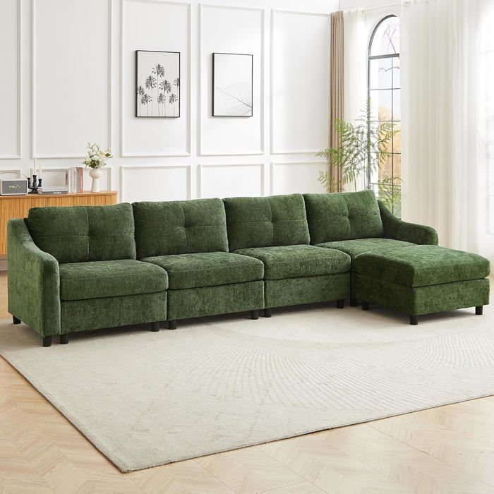 JIEXI Canapé dangle convertible Canapé en velours côtelé canapé-lit 251 cm (Vert foncé 4 sièges + 1 tabouret)
