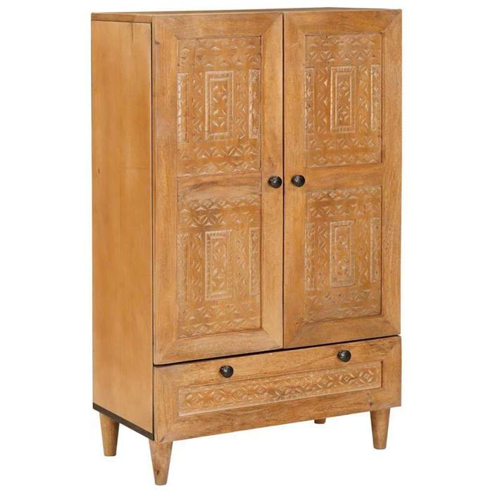 Buffet haut en bois de manguier - vidaXL - 60x33x100 cm - Marron clair - Bois de manguier massif - 2 portes - 2 étagères