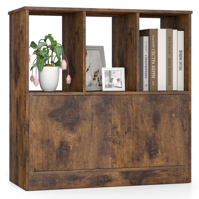 COSTWAY Bibliothèque avec 2 Portes 3 Compartiments Ouverts Meuble de Rangement pour Salon Bureau 70 x 30 x 70 cm Marron