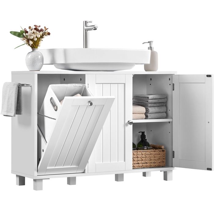 Yaheetech Meuble sous Lavabo à 3 Portes avec Étagères Réglables Découpe en U et Panier à Linge Intégré Blanc Yaheetech Meuble sous Lavabo à 3 Portes avec Étagères Réglables Découpe en U et Panier à Linge Intégré Blanc