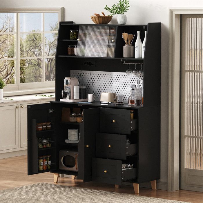 Buffet Cuisine Rangement 120 cm avec Panneau Perforé 2 Prise et USB C/A Meuble Rangement pour Cuisine et Salle à Manger Noir