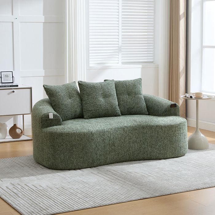 Canapé deux places - Incurvé - Chenille - Vert - 3 coussins décoratifs