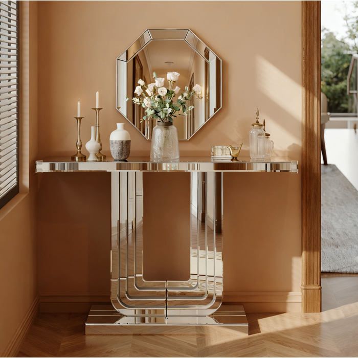 Table console argentée L 120 cm verre et MDF surface miroir base en U stable montage nécessaire