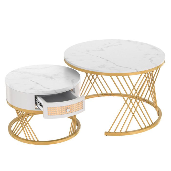 Lot de 2 tables basses rondes blanches effet marbre avec tiroir et pieds dorés