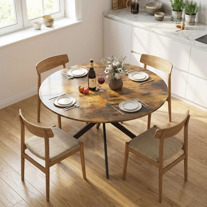 Table ronde pour 4 personnes style industriel pieds en acier idéale pour la salle à manger ou la cuisine couleur marron rustique