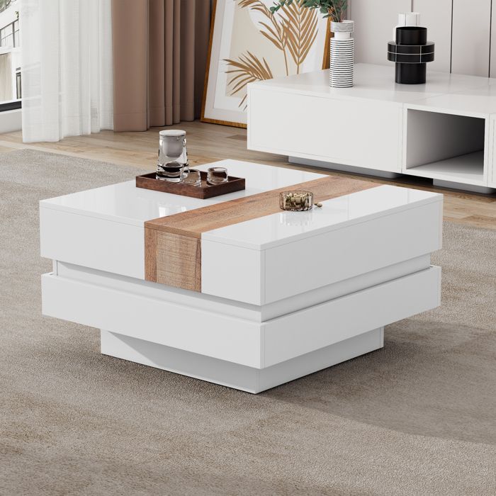 Table basse carrée de salon 70x70x39 cm plateau extensible avec rangement caché blanc et bois