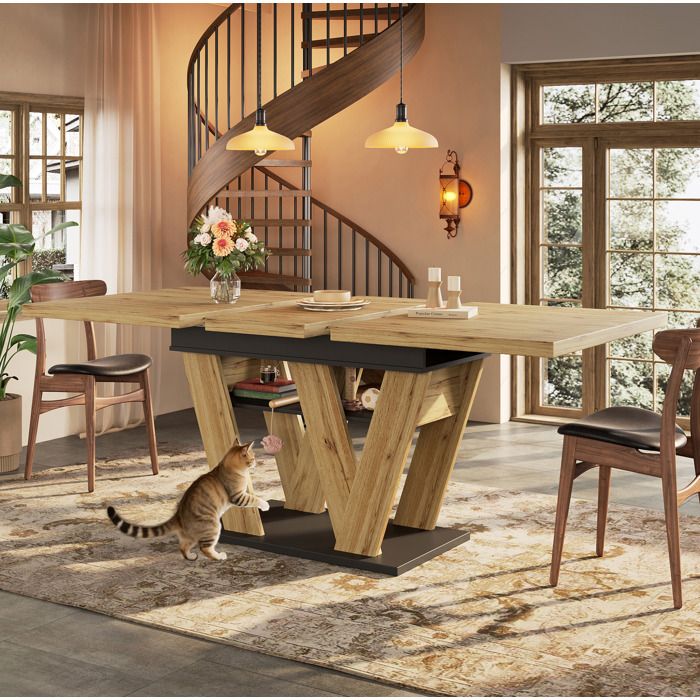 Table à Manger Extensible avec Rangement Intégré - TCQPZ - Piètement en W en MDF Noir et Naturel 119-1585 × 80 × 75 cm