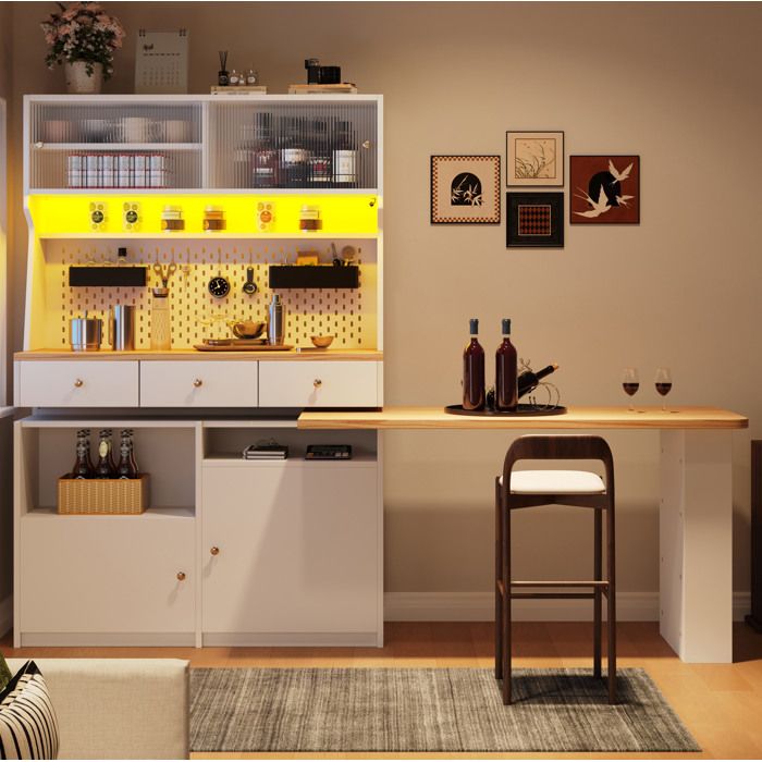 Buffet de cuisine 3 tiroirs et LED - BEAUNIV - avec portes coulissantes vitrées plan de travail extensible blanc 137×45×178 cm