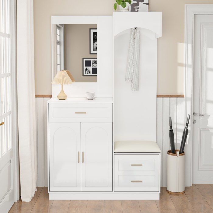 Meuble dentrée vestiaire avec miroir 110 x 33 x 185 5 cm rangements modulables MDF blanc