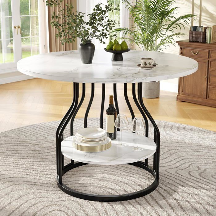 Table à Manger Ronde (80×80×76cm) - Cuisine - Basse Ronde pour 4 Personnes - Dessus de Table en marbre MDF - Noir