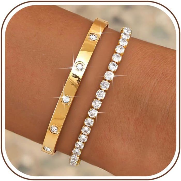 Bracelet Femme Or Jonc Acier Inoxydable Femme Lot Bracelets Plaqué Or 18K Empilables Réglable Bracelet Tennis Zirconium Bijo[PP404]