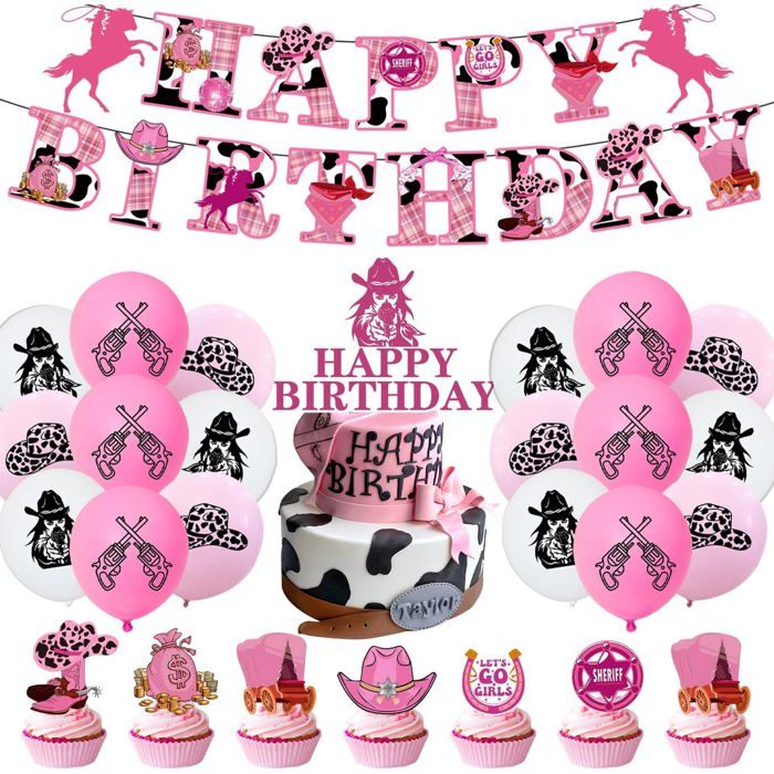 44 Pièces Kit Décorations Cowboy Ballons Anniversaire Déco Fête Western De Cheval Bottes ChapeauTopper Gâteau Cowboy Rose[BB1731]