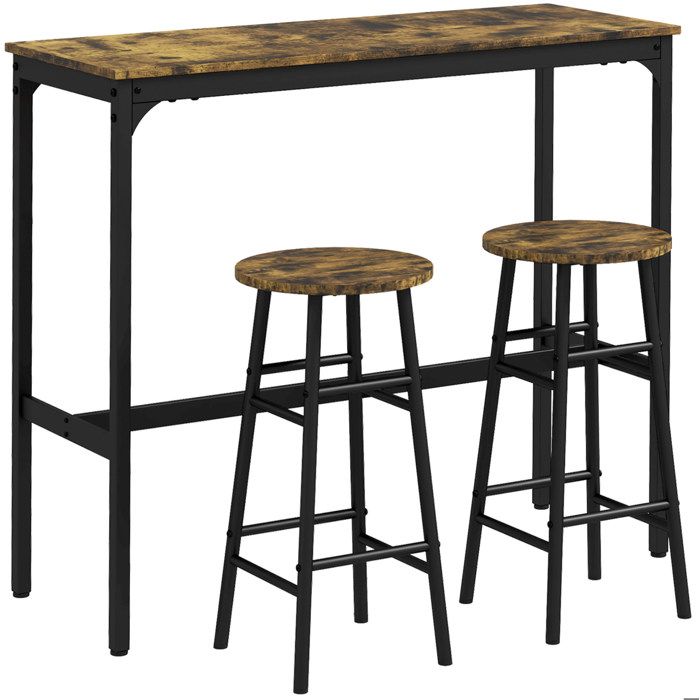 WOVREO Ensemble de bar 3 pieces table haute avec 2 tabourets style industriel MDF marron et noir