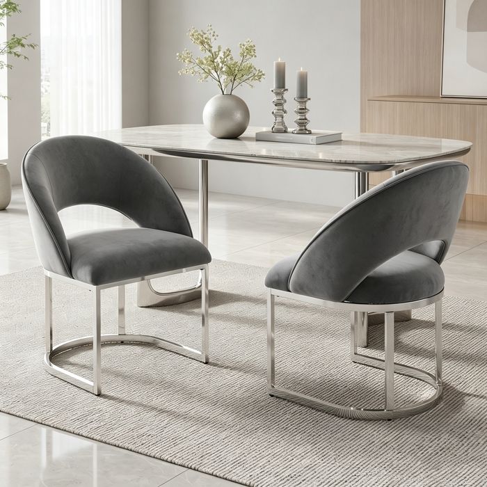 Lot de 2 Chaises de Salle à Manger Modernes Chaises de Cuisine Rembourrés Pieds de Chaise Plaqués Argent Tissu Velours Gris+Argent