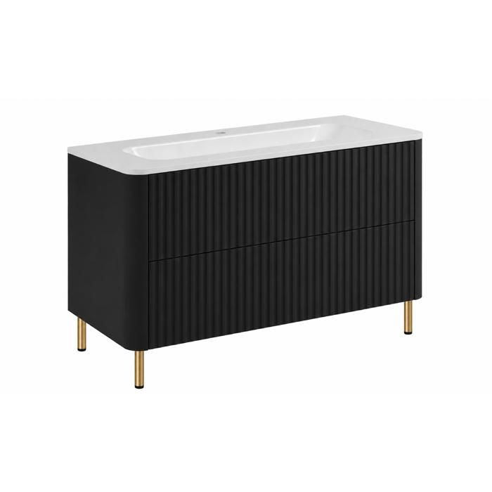 Meuble sous vasque - Meuble de salle de bain 100 - Noir mat - Vasque résine minérale incluse - 2 tiroirs pieds dorés