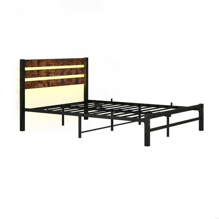 Cadre de lit 140 x 200 cm avec tête de lit MDF LED RGB station USB et rangement sous lit