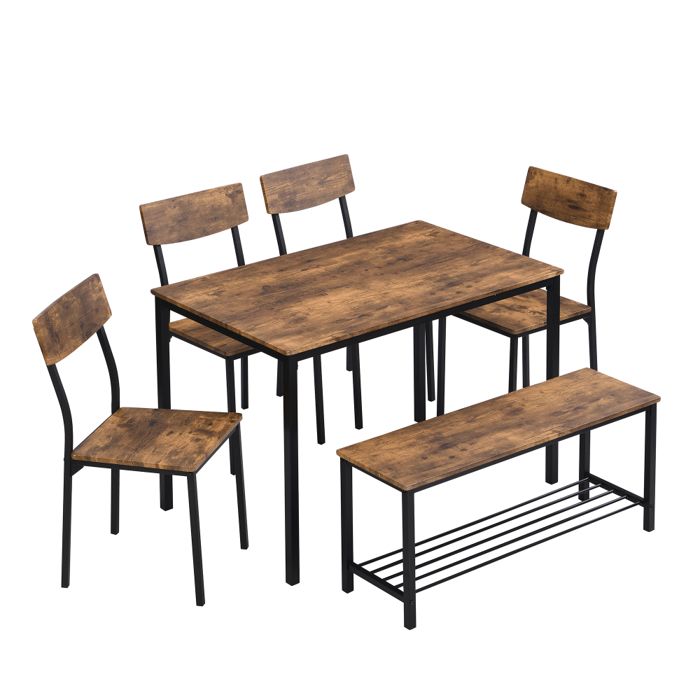 Ensemble table style industriel plateau bois cadre acier table + chaises + banquette pour cuisine salle à manger Ensemble table style industriel plateau bois cadre acier table + chaises + banquette pour cuisine salle à manger