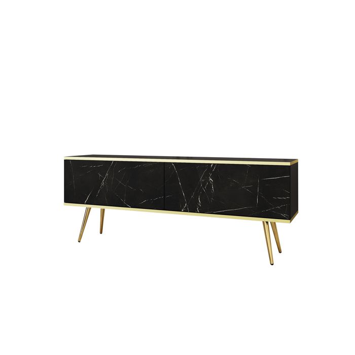 Meuble TV - 3XE LIVING - 135 x 32 x 53 cm - Noir - Pieds Or - Push to Open