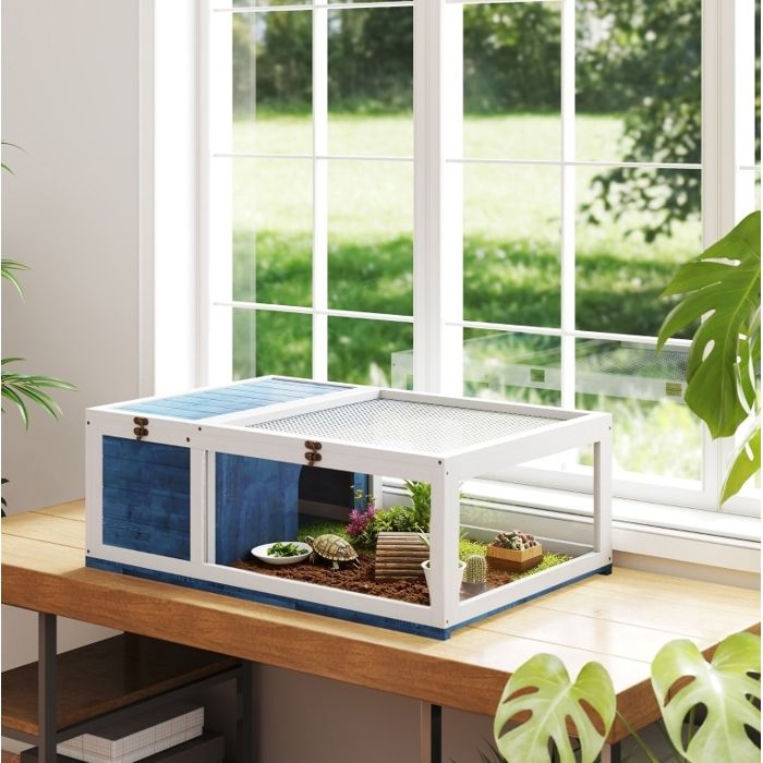 Maison pour tortue en bois bleu 91 x 60 5 x 32 cm enclos pour reptiles à toit ouvrant et double zone