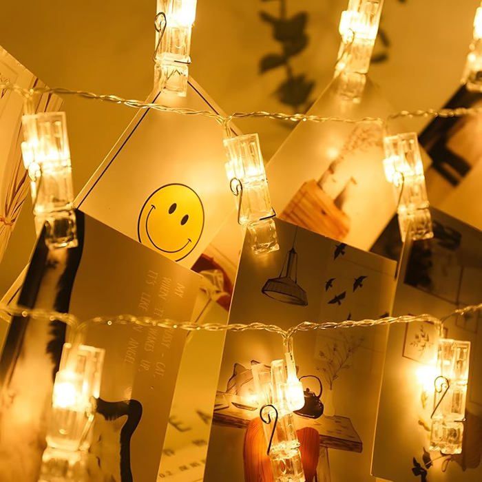 Guirlande Photo 10 m 100 LED avec 100 Clips Lumineuse à Piles Fil Transparent Accroche Photo Murale LAMPE DECORATIVE
