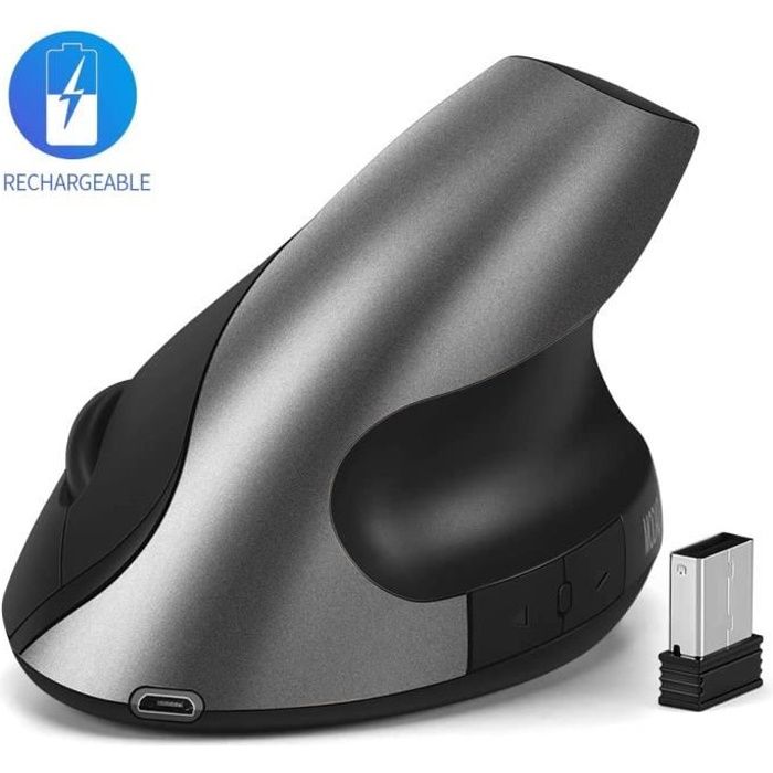 Souris Verticale Sans Fil Rechargeable Souris Sans Fil 2.4G 3 DPI 800/1200/1600 Réglables 6 Boutons (Gris)