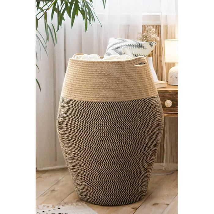 Grand Panier à Linge Tressé Noir Et Jute 65x50 Cm | Poignées Robustes, Pliable | Pour Buanderie Ou Rangement Déco