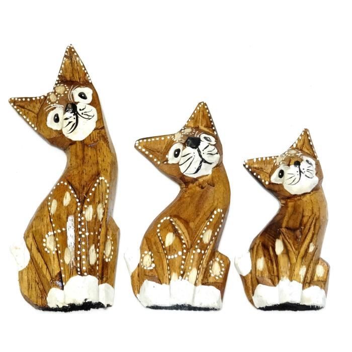 Lot De 3 Chats En Bois Artisanat Set Peint Wooden Cat Chat Collection Decoration Cdiscount Maison