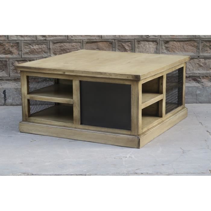 Table Basse Carree Avec Rangement Metal Et Bois Caractere Meuble