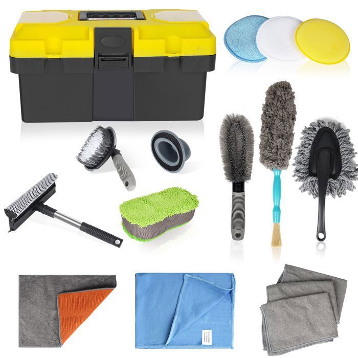 Kit de Nettoyage de Voiture 12PCS, Professionnel Microfibre Lavage Voiture Nettoyer Kit, Brosse de Roue et de Jante, Chiffons de Net