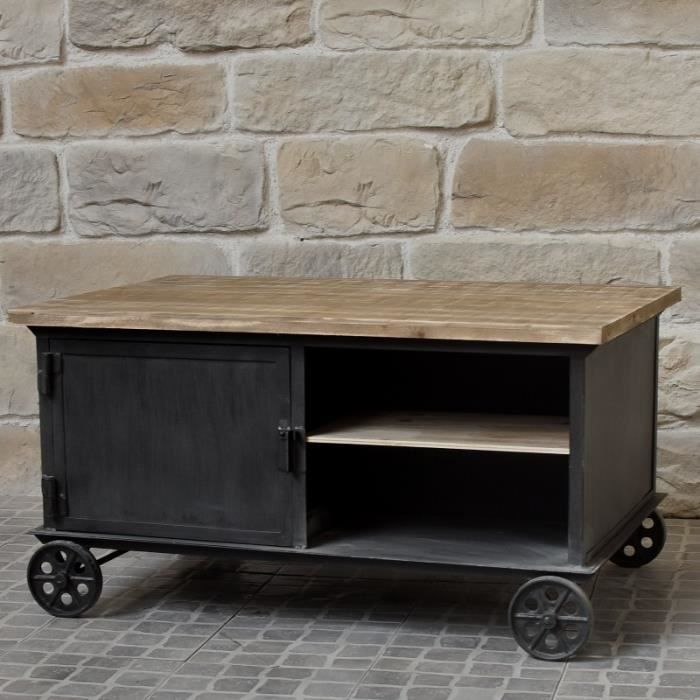 Table Basse De Salon A Roulettes Bois Fer Industriel Campagne