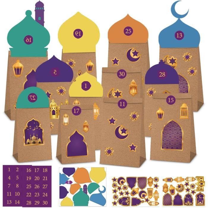 Calendrier De L'Avent Du Ramadan – 30 Sacs Cadeaux à Décorer Soi-même – Avec Toits, Tours Et Autocollants – Pour Enfant Et Famille