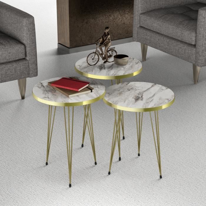 Table à manger ronde plateau effet marbre blanc et pied en metal - YUNA | ID Market