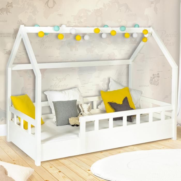 id market - lit cabane enfant 80 x 160 cm neree blanc avec sommier et barrières