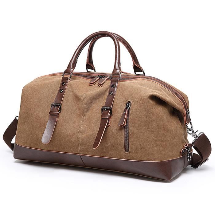 Sac de Voyage,55cm 35L,Toile et Bordures Cuir Microfibre avec Bandoulière,Week-End Sac,Grand Sac de Sport pour Homme et Femme-Marron